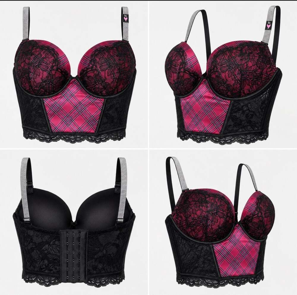 Victoria’s Secret Very Sexy Push-Up Longline Bustier Bra Pink Plaid Lace 36C